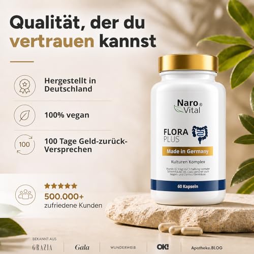 Flora Plus - Darmkur* Probio Kulturen Komplex mit 23 Bakterienstämmen & 600 Mrd. KbE, OHNE Inulin & OHNE künstliche Probiotika I 60 magensaftresistente & vegane Kapseln mit Lactobacillus Salivarius