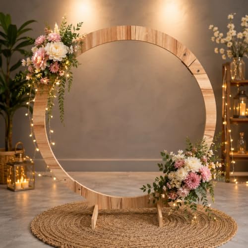 Image of SATYAM KRAFT 1 Piece Foldable Round Shape Wooden Makhar Mandap | Wooden Pooja Backdrop Stand for DIY Pandal & Temple | Festival Decoration Setup for Ganesh Chaturthi & Idol Pooja Decor