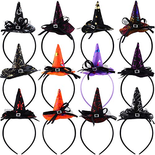 Blulu 12 Pieces Halloween Headbands Witch Hat Hairbands Bulk Witch Hair Hoops Halloween Hair Accessories for Women cosplay Costume Supplies