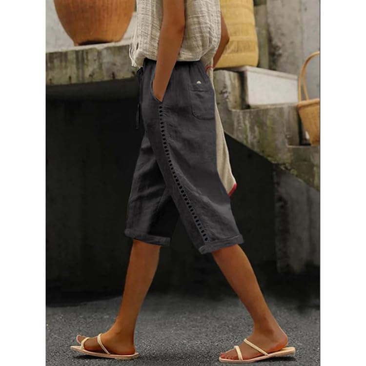 Womens Bermuda Shorts Solid Color Linen Casual Side Lace Summer Drawstring Pants with Pocket for Beach Vacations2