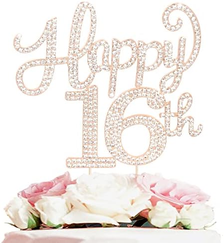 Happy 16th Birthday Decorations,16th Birthday Gold Rhinestone Cake Topper - Cheers to Sixteen Years Old Bday Party Metal Sparkly Cake Centerpieces Sign.