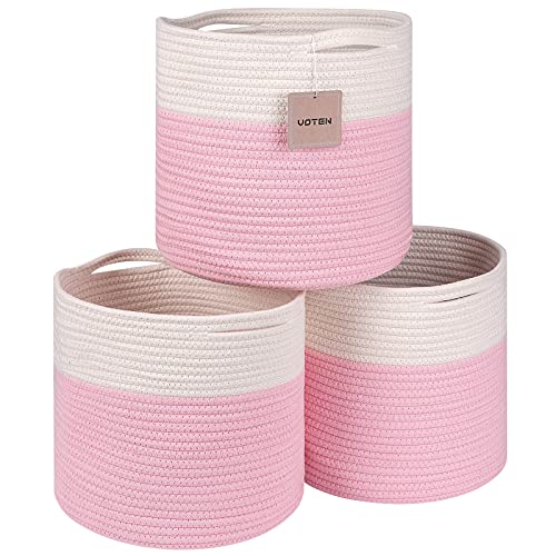 Image of voten Storage Cubes Baskets Bins Organizer 11x11x11'' Fit 12x12''Cube Storage Organizer Bookcases Shelves,Durable Woven Cotton Storage Basket for Organizing,Round 3Pack Off White/Pink