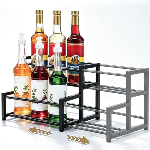 Expandable Coffee Syrup Organizer, 2-Tier Syrup Rack with flexible length |Customized Kitchen Organizer to hold 6-12 Bottles, Perfect for Liquor Bottle Display Shelf, Spice Rack & Bar Accessories