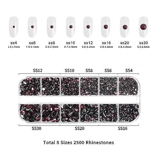 Image of Beadsland Rhinestones for Makeup,8 Sizes 2500pcs Burgundy Flatback Rhinestones Face Gems for Nails Crafts with Tweezers and Wax Pencil,Amethyst,SS4-SS30
