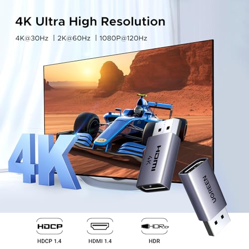 Image of UGREEN 4K DisplayPort to HDMI Unidirectional Aluminum Adapter, 4-Pack | DP 1.2 to HDMI 1.4, Male to Female Converter, Support 3D HDR Compatible with Desktop, Laptop, Monitor, HDTV, AMD, NVIDIA