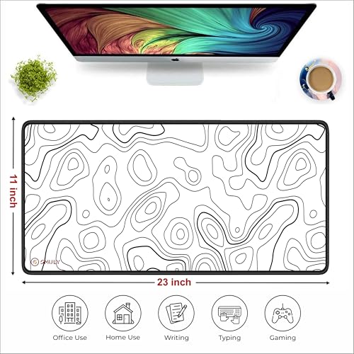 Image of White Contour Line Mouse Pad 11x23Inch 2mm Extended Gaming Desk Mat with Anti-Slip Rubber Base Mousepad for Smooth Surface Desk pad for PC & Laptop Use Waterproof & Stiched (Black /White) Deskpad