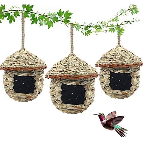 3 Pack Hummingbird House, Hand Woven Bird Nest for Outdoors Hanging, Small Grass Bird Houses for Outside, Natural Fiber Bird Hut Roosting Pocket for Finch Canary Chickadee Cover