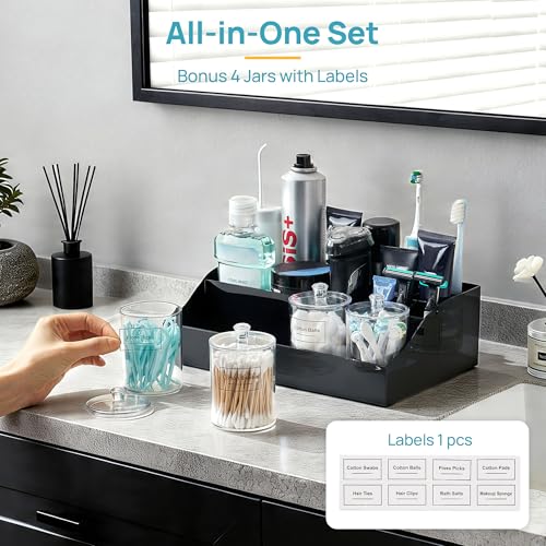 Image of Vtopmart 5 PCS Bathroom Countertop Organizer, 1 Divided Tray with 4 Qtip Holder Jars, Restroom Clear Organizers for Toothbrush, Cotton Pads Balls, Floss, Bathroom Vanity Accessories Storage Set, Black