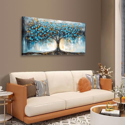 Image of Blue Tree Pictures Canvas Wall Art for Living room Office Bedroom Wall Decor,Abstract Wall Art Print Modern Noble Blue Tree Oil Painting Artwork Waterproof Ready to Hang-20x40inch