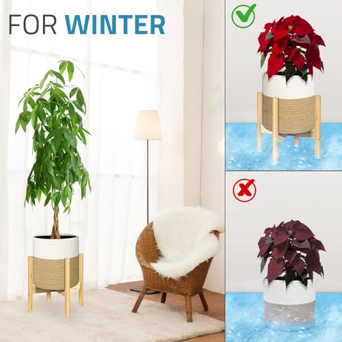 PAULINN Plant Basket with Stand 11\" x 11\", Woven Basket with Bamboo Plant Stand, for Indoor Plant, Fits Up to 10 Inch Plant Pots, White and Beige