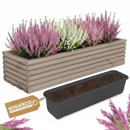 BOGATECO Fioriera in Legno, 64 x 20 x 14,5 cm, per Erbe Aromatiche, Casa, Giardino, Balcone, Terrazza, con Inserto in Plastica, Impregnato, Grigio