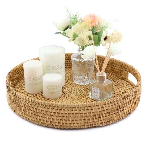 Handwoven Rattan Round Serving Tray, Natural Wicker Decorative Tr...