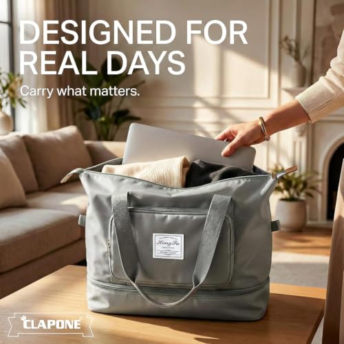 Image of Nylon 42 Liter Expandable Travel Bags for Women, Duffle Bags for Women Luggage, Foldable Vanity Traveling Bag, Waterproof Hand Bag for Ladies Personal Items (Grey)