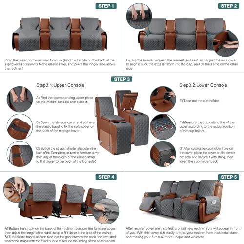 Image of Ruaozz Waterproof Recliner Sofa Cover with Console, Non-Slip Couch Cover Pet Cover for Double Recliner Split Sofa Cover with Elastic Straps for Kids, Dogs, Pets (Dark Grey, 3 Seater)