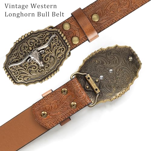 Mens Western Cowboy Belt Vintage PU Leather Belt With Longhorn Cow Pattern Buckle4