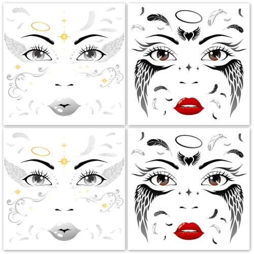 HOWAF 4 Pezzi Tatuaggi Halloween Viso, Adesivi Viso Angelo Tatuaggi Temporanei per Costume Angelo, Costumi Halloween
