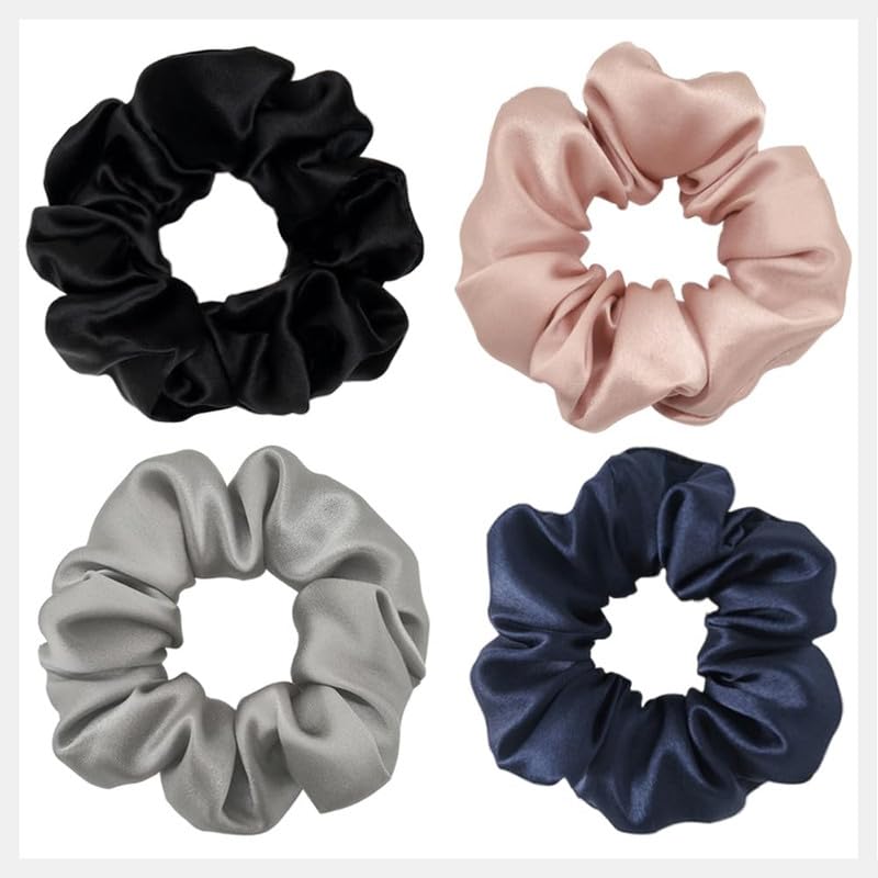 Shidara 4 PCS Silk Scrunchies for Hair|100% Pure Mulberry Silk Hair Ties for Women Girl with Elastic Band, No Damage Skinny Scrunchies Set, 4 COLOR SET