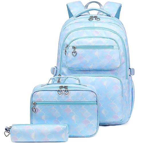 Joyfulife Mermaid Backpack for Girls Backpack with Lunch Box Kids Backpack Elementary Bookbags Primary Middle School Bags for Teens 3 in 1 School Backpack Set