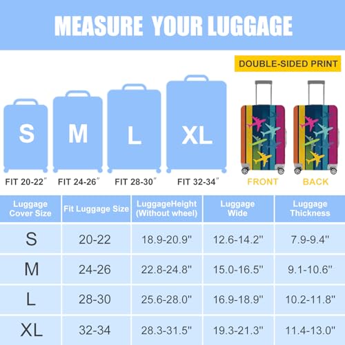Image of Colorful Airplane Pattern Luggage Cover - Multicolor Stripe Travel Suitcase Protector with Fun Flight Design - Fits 28 to 30 Inch Luggage,L