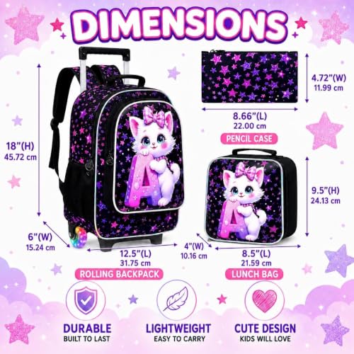 Image of CCJPX 18 inch Cat Rolling Backpack for Girls, 3Pcs Kids Glow Wheels Bookbag with Lunch Box, Lightweight Roller School Bag for Elementary Preschool (Black)