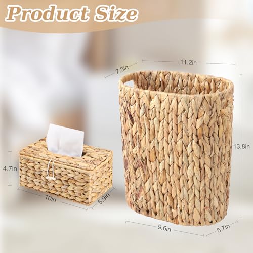 Image of Wicker Trash Can and Rectangle Tissue Box Cover, 4 Gallon Water Hyacinth Bathroom Trash Can, Handwoven Napkin Holder, Narrow Small Waste Basket, Rustic Decorative Home Set for Bedroom,Bathroom,Office