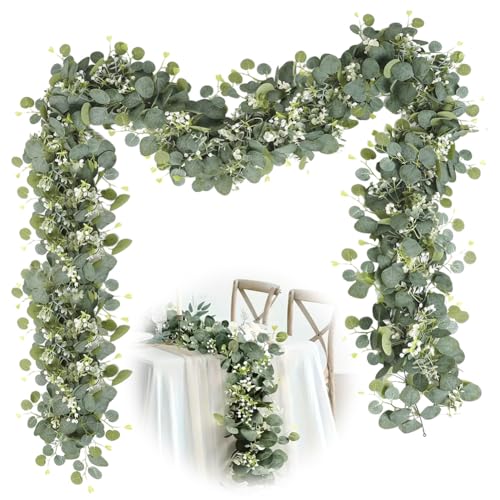 Wapasezyar Guirnalda de eucalipto artificial decorativa de 1,8 m, hojas verdes con flores blancas, zarcilla de eucalipto para boda, fondo, guirnalda de flores, decoración de mesa, pieza central, verde