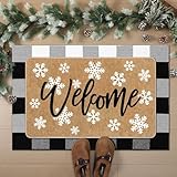 Tinideya 2 Pcs Winter Doormats Snowflake Welcome Outdoor Door Mats Black & White Layered Buffalo Plaid Front Door Rugs Non Slip Floor Mats for Christmas Porch Entryway Indoor Outdoor Decor(Snowflake)