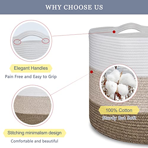 Image of Cotton Rope Blanket Basket, 87L Laundry Hamper, White & Ombre Brown | Collapsible Woven Nursery Hamper, Sturdy Handles for Clothes Toys Towels, Ideal for Living Room Bedroom Bathroom