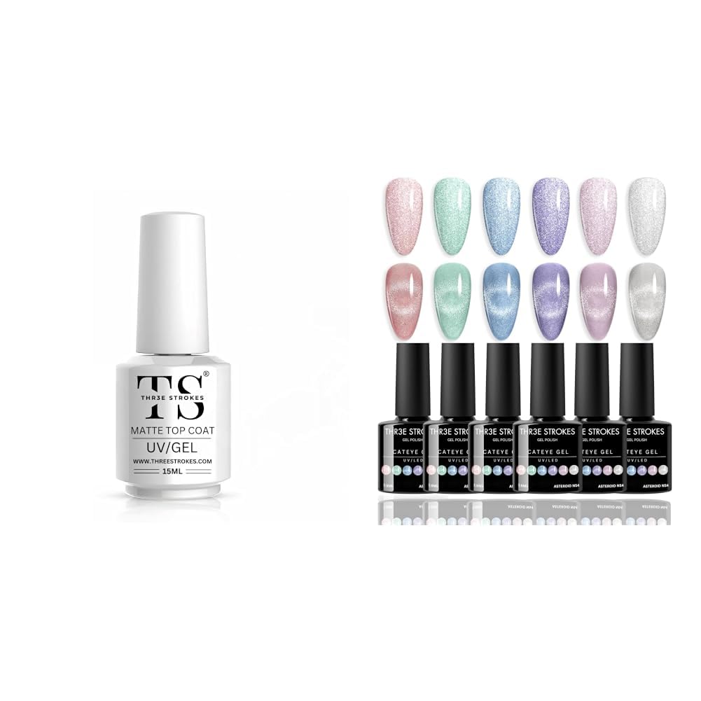 THR3E STROKES Matte Gel Top Coat 15ml, No-Wipe Chrome Powder-Resistant Polish, Long Lasting Gel NailPolish Cat Eye Gel Nail Polish Set 6 Color Jelly Shimmer Glass Cat Eye Gel Nail Polish with Magnet-image-44