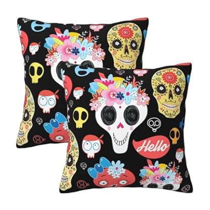 2 Stücke Kopfkissenbezug Hallo Bunter Schädel Kissenbezug Retro Kissen-Hülle Bedruckt Dekokissen Für Terrasse, Bed, Schlafzimmer, 45X45Cm