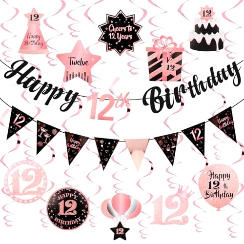 Image of 12th Birthday Decorations for Girls Rose Gold Pink Pre Strung Happy 12th Birthday Banner and Hanging Swirls 12 Year Old Party Decorations Supplies