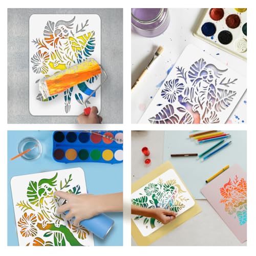 NBEADS Dschungel Papagei Journal Vorlage, 21x29.7cm Papagei Zweig Blätter Malerei Schablonen Tier Thema Handwerk Schablonen PET wiederverwendbare Schablonen für Zoo Home Wand Spray gemalt Dekor