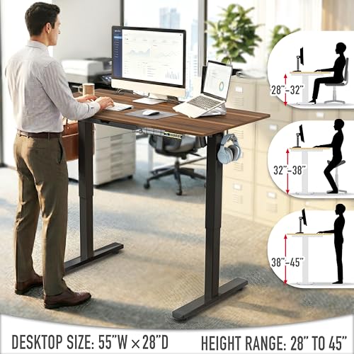 Image of SHW 55 x 28 Inches Electric Height Adjustable Standing Desk with Drawer and Memory Preset, Walnut