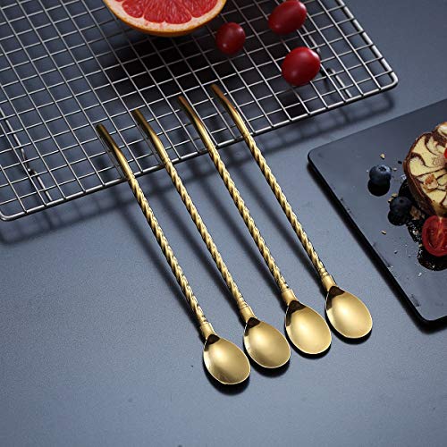 Gold Iced Tea Spoon With Straw Handle For Drinking, 4 Pieces 8.7" Stainless Steel Long Handle Titanium Gold Plating Bar Spork Spoon Silverware For Cocktail, Ice Cream, Mixing And Stirring #TOP2