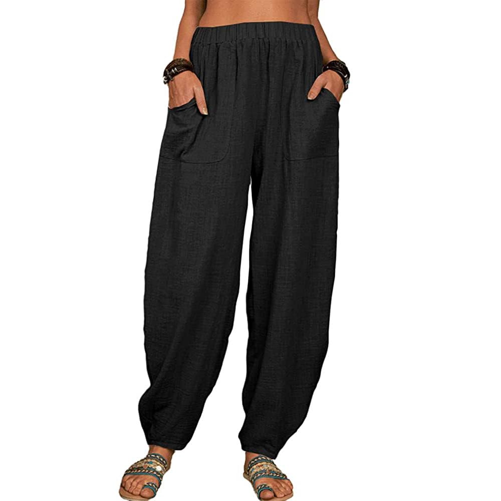 Womens Wide Leg Lantern Cotton Pants Summer Fashion Elastic Waisted Casual Loose Fit Style Trousers with Pocket