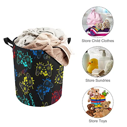 Gamer Play Gaming Laundry Basket With Drawstring, Colorful Controller Collapsible Storage Basket Boys Kids Room Laundry Nursery Hamper Bathroom #TOP2