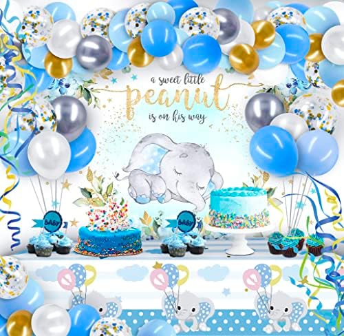 PARTY SPOT! 97PCS Baby Shower Decorations for Boy Blue Elephant Theme Baby Shower Decor with Backdrop, Balloon Garland Elephant Tablecloth for Birthday Gender Reveal Party Supplies (Blue Boy)