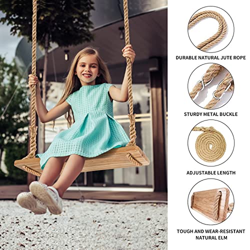 Premkid Hanging Wooden Swing, Swing Seat 16"X 6.3"× 0.8", Tree Swings For Kids Outdoor, Adjustable Hemp Rope Plus Tree Straps 100 Inch, Kids Swing With 250Lbs Load, Rope Swing, Indoor Swing #TOP1