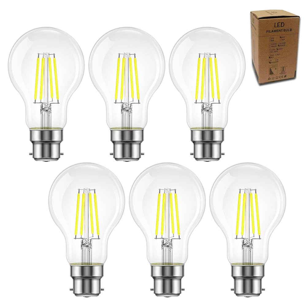 B22 Bayonet Dimmable LED Light Bulbs, 4W Energy Saving Classic A60 LED Filament Light Bulb Clear Glass 6000k Cool White B22 Bayonet Cap Large Globe Lightbulbs, 40W Incandescent Equivalent, Pack of 6