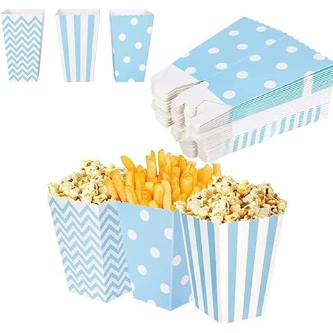 Teogneot Popcorn Boxes Popcorn Bag Cardboard Candy Container for Birthdays, Film Night, Carnival, Cinema, Party, Blue Cover