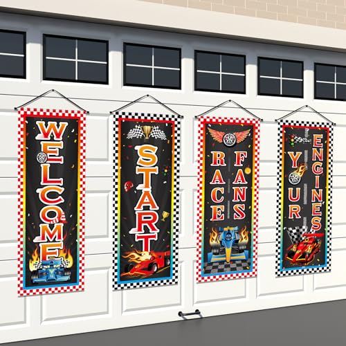 Image of Panelee 4 Pcs Race Car Party Banners Racing Car Birthday Decorations Checkered Racing Flag Porch Sign Hanging Door Banner for Indoor Outdoor Race Party Decoration Backdrop Supplies (Race)