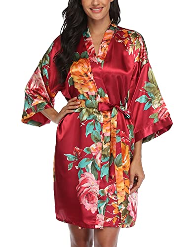 Image of VOGMATE Floral Silk Robes for Women Short Satin Kimono Bride Bridesmaid Robes Bathrobe