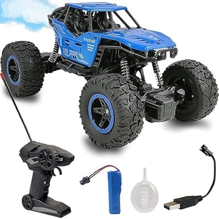 Remote Control Rock Crawler, Off-Road RC Car, 45° Climbing Angle, Multi-Directional, Blue, with Light, Spray System, Rechargeable Battery