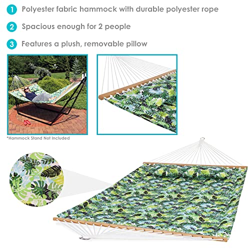 Sunnydaze 2-Person Quilted Printed Fabric Spreader Bar Hammock And Pillow - Large Modern Cloth Hammock With Metal S Hooks And Hanging Chains - Heavy Duty 450-Pound Weight Capacity - Tropical Greenery #TOP3