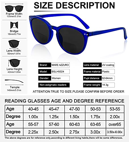 Image of MARE AZZURO Round Bifocal Reading Sunglasses Women Large Outdoor Readers 1.00 1.50 2.00 2.50 3.00 3.50 (Blue, 3.0)