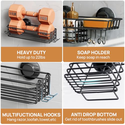 Image of LEVERLOC Shower Caddy Suction Cup, 3 Pack Heavy Duty Bathroom Organizer for Inside Shower with Hooks & Soap Holder, Removable Bathroom Organizer, Rustproof Black Holder Storage Black