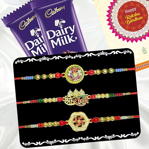 Image of Canton Rakhi With Chocolate Gift Combo, Pack of 3 Designer Rakhi For Brother With Chocolate Gift, Roli & Greeting Card (Design-11, Rakhi With Cadbury)