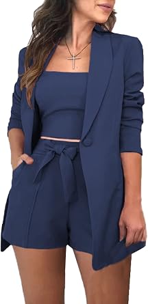 3 Piece Blazer Sets for Women Open Front Button Blazer + Crop Tops + Shorts Bottoms with Belt Business Suit Sets
