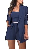 3 Piece Blazer Sets for Women Open Front Button Blazer &plus; Crop Tops &plus; Shorts Bottoms with Belt Business Suit Sets