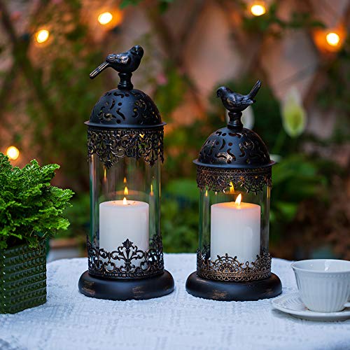 Nuptio Vintage Pillar Candle Holders Moroccan Wrought Iron Hurricane Candle Holder Ornate Centerpiece For Mantlepiece Decorations, Candlestick Holders For Table Living Room Balcony Garden, 2 Pcs #TOP2